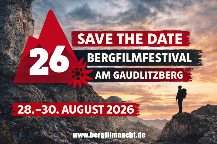 Ankündigung Bergfilm-Festival mit Bergpanorama und Datum 28. bis 30. August 2026